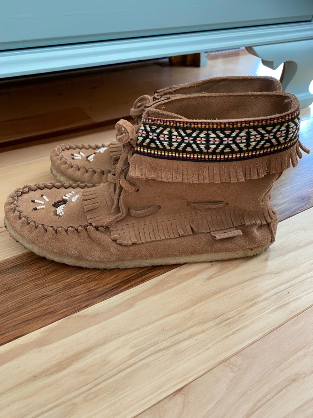 Women’s Tan Suede Fringe Moccasin Boot with Beaded Trim